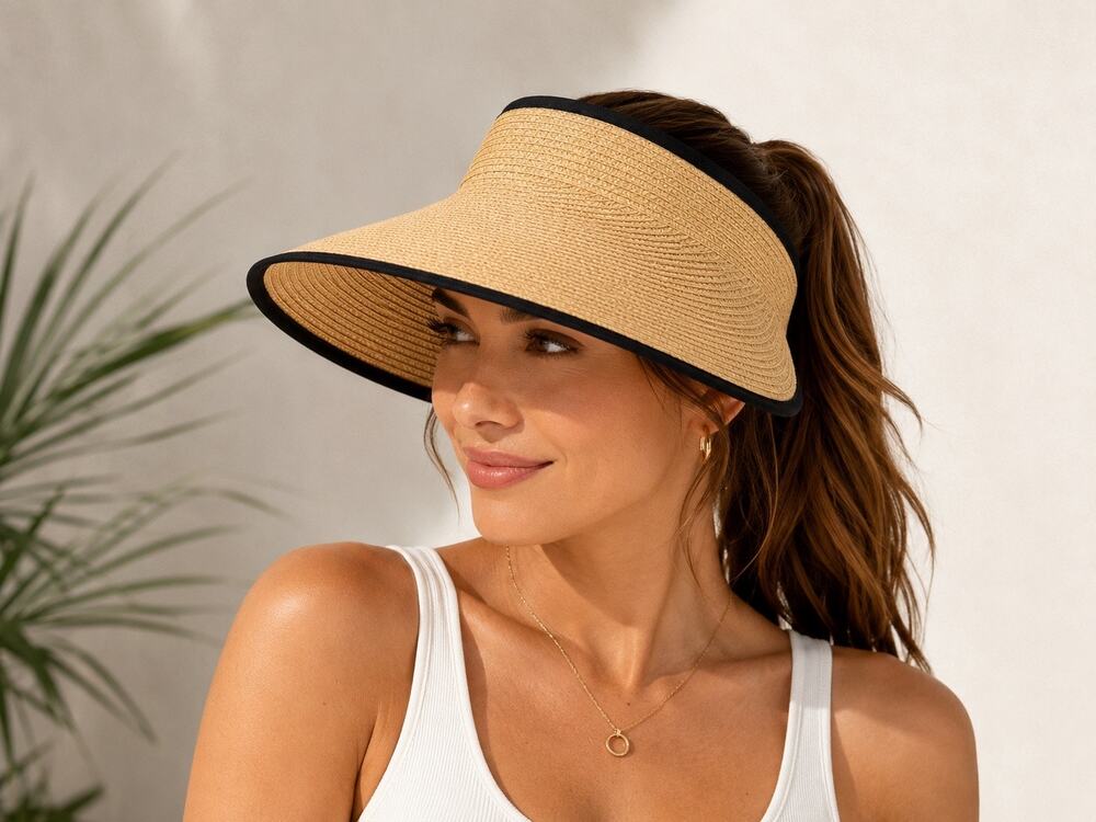 Vivien Women's Wide Brim Roll Up Straw Sun Visor Hat Tan Black One Size